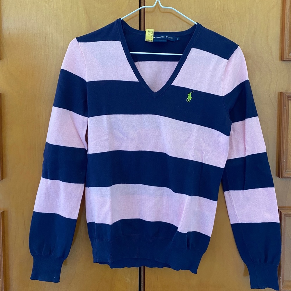 Ralph Lauren Navy Blue and Pink Striped Long Sleeve Shirt